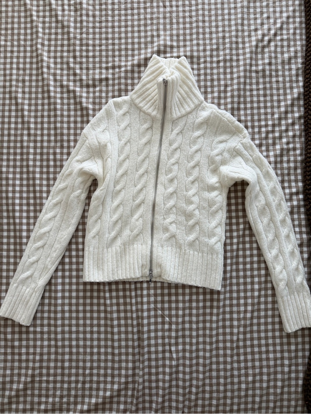 Hollister White Cable-Knit Zip Up Sweater